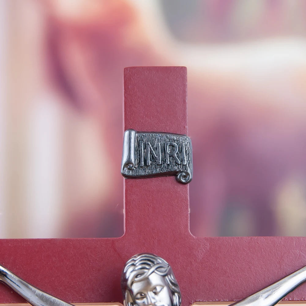 Htisok catholic wooden cross with silver metal jesus figure wall mounted religious crucifix for home altar church decor