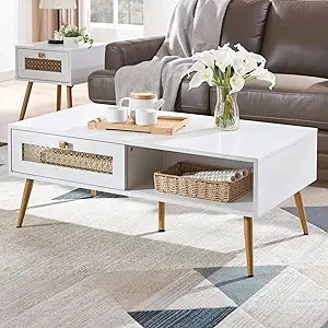 Wooden mid century modern coffee table retangle accent center with two drawers tables for living room white - united