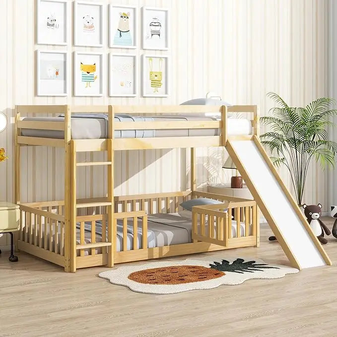 Low bunk beds twin over floor bed frame junior loft for kids boys girls teens natural - with slide / united states