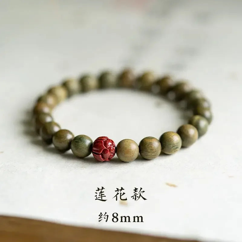 Green sandalwood lotus cinnabar bracelet wooden buddha beads unisex bring in wealth and treasure handstring couple