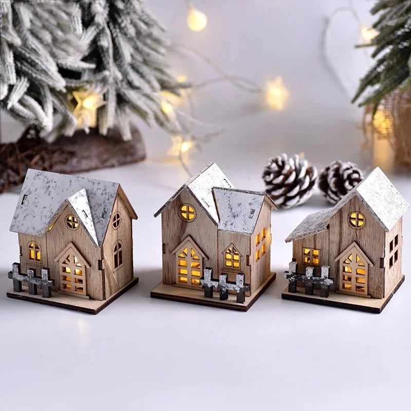 Christmas led light wooden house luminous cabin merry decorations for home diy xmas tree ornaments kids gifts new year