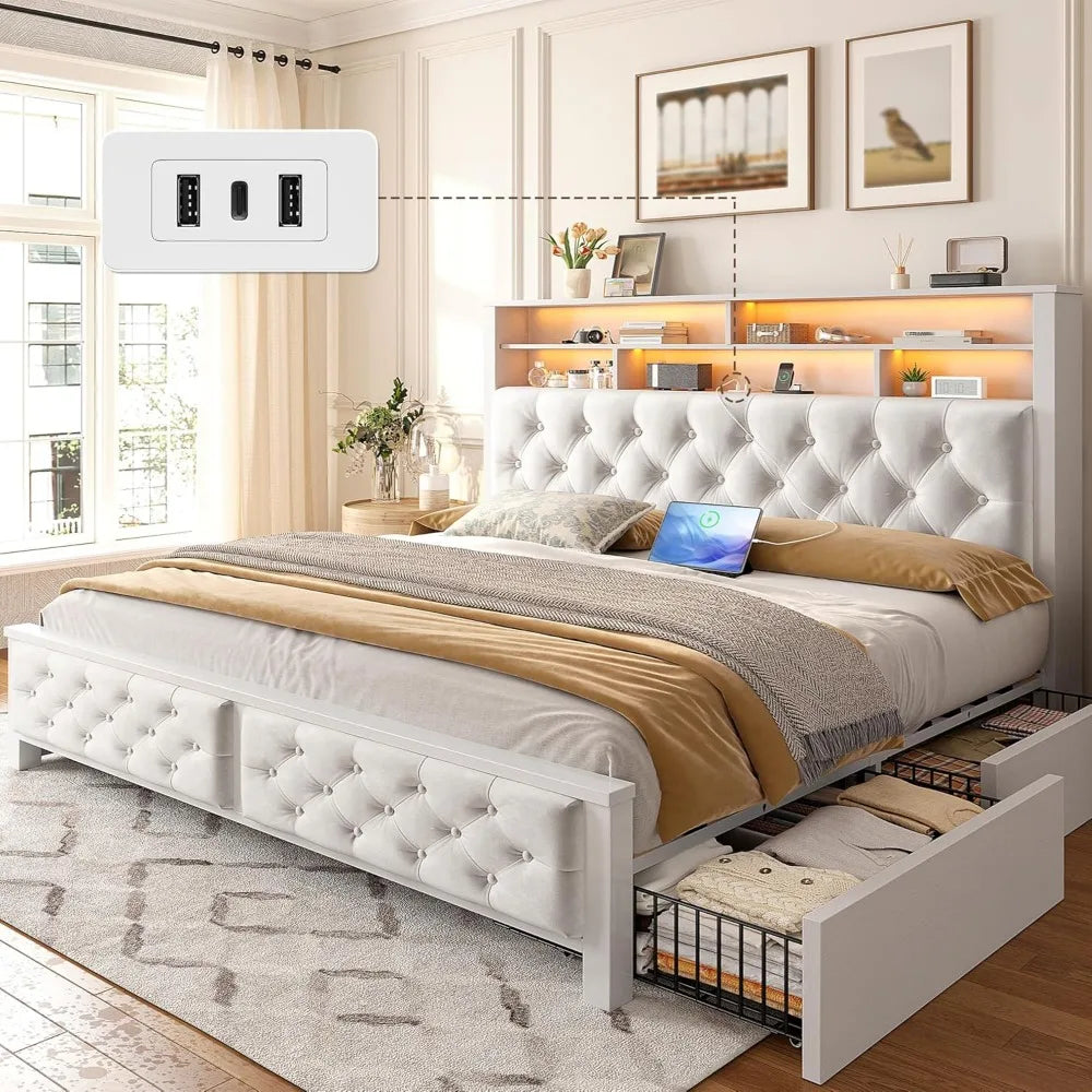 Enhomee queen bed frame with storage headboard & 4 drawers,wooden size charging station led lights uphols - united
