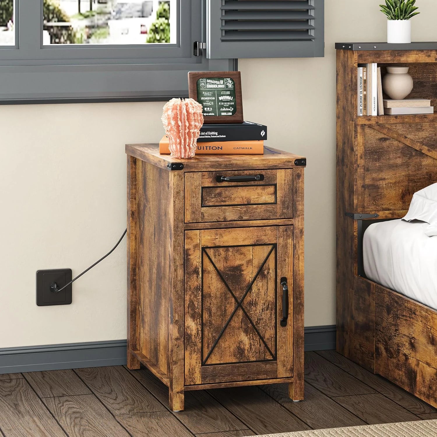Vabches nightstand with drawer&storage cabinet farmhouse night stand power outlet wood end table bedside for bedroom