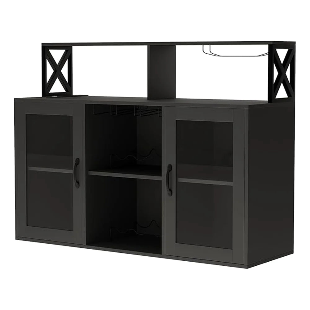 Wine bar cabinet with led light tempered glass doors power outlet and goblet holder,liquor storage for dining room