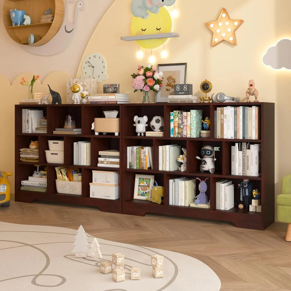 3-tier wooden open shelf bookcase with 10 cubes storage organizer for bedroom - cherry finish freestanding bookshelf