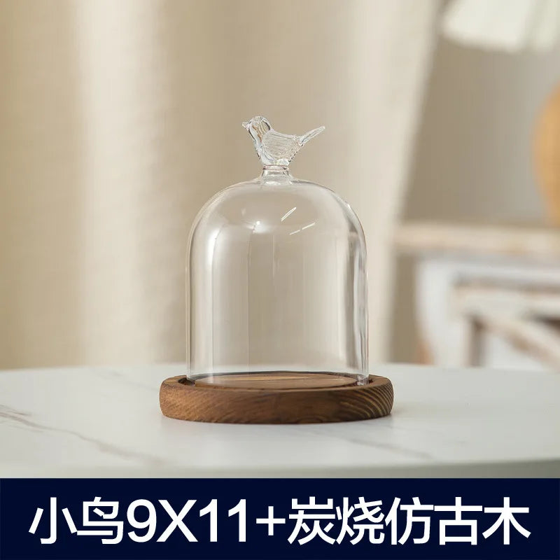 Aromatherapy candle holder ornaments dust-proof glass cover wooden base display box home decoration - birds 11cm