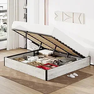 Queen size lift up storage platform bed frame metal with wooden slats support no box spring needed large sp - white
