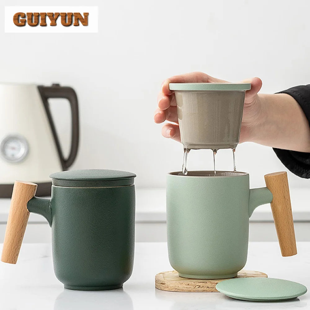 380ml teacup mugs with dustproof lid tea filter heat resistant infuser coffee cup wooden handle personal mug