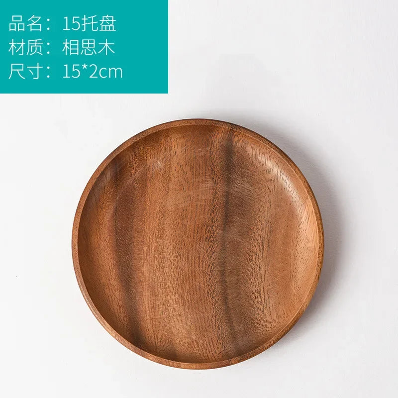 Japanese household dishes acacia wood round tableware salad dessert tray vintage dinnerware set plates serving platter