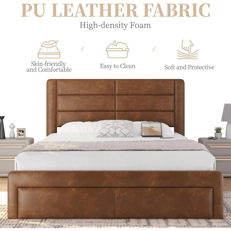 Queen bed frame with 2 usb charging stations/port for type a&type c/3 storage drawers,leather upholstered platform