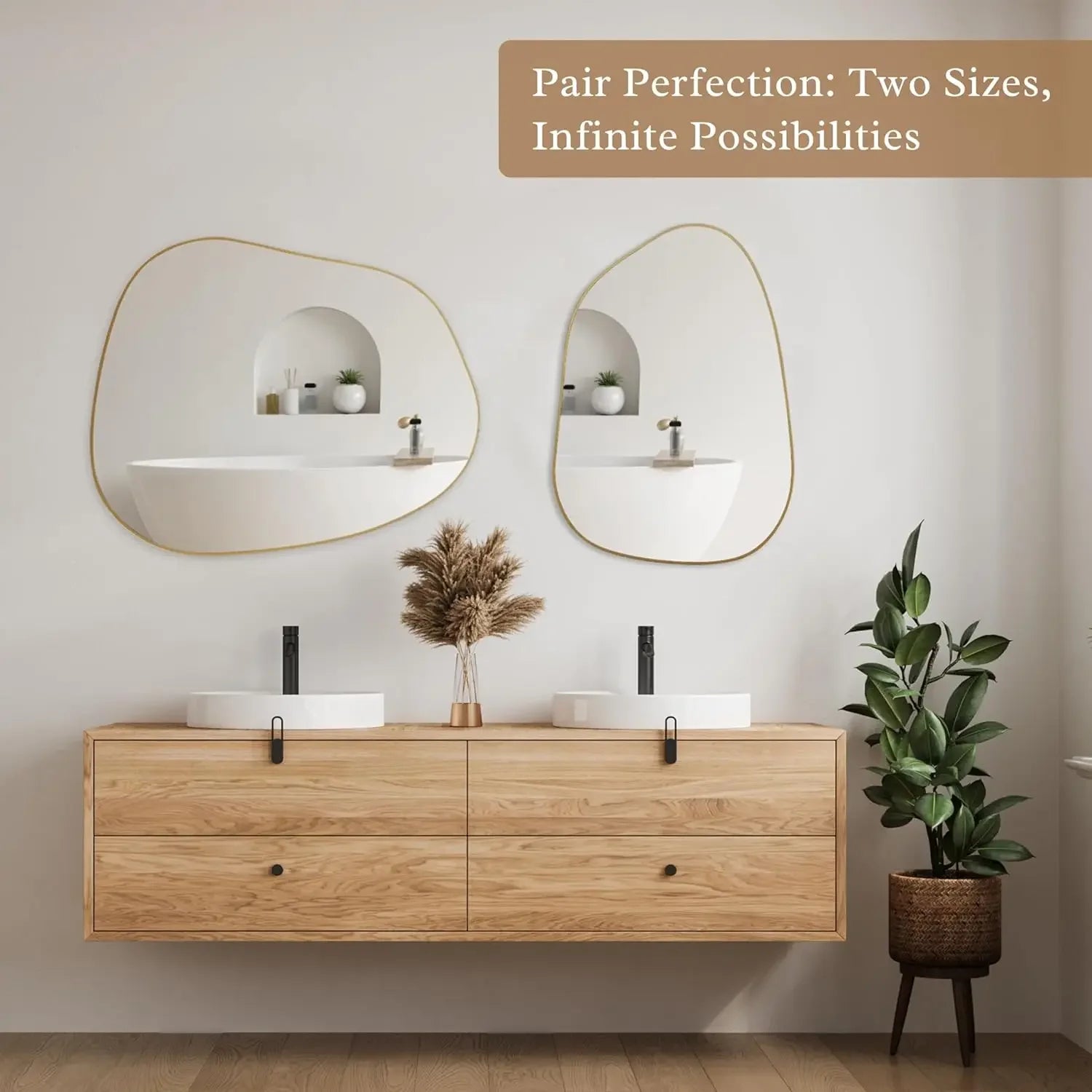 Irregular wall mirror asymmetrical 32’’x24’’ golden wood framed for bathroom bedroom living (gold 32’’x24’’) - united