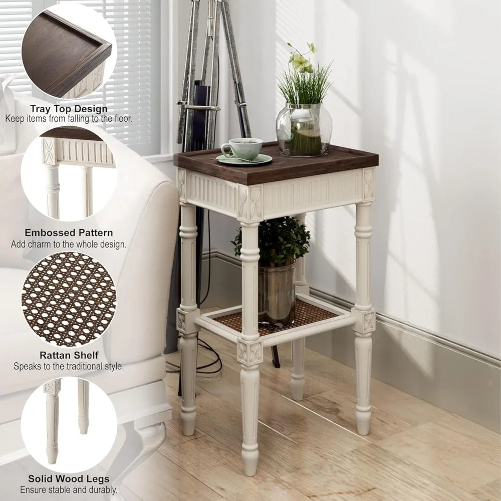 Rustic farmhouse cottagecore accent end table distressed side with espresso tray top and woven wicker shelf boho,