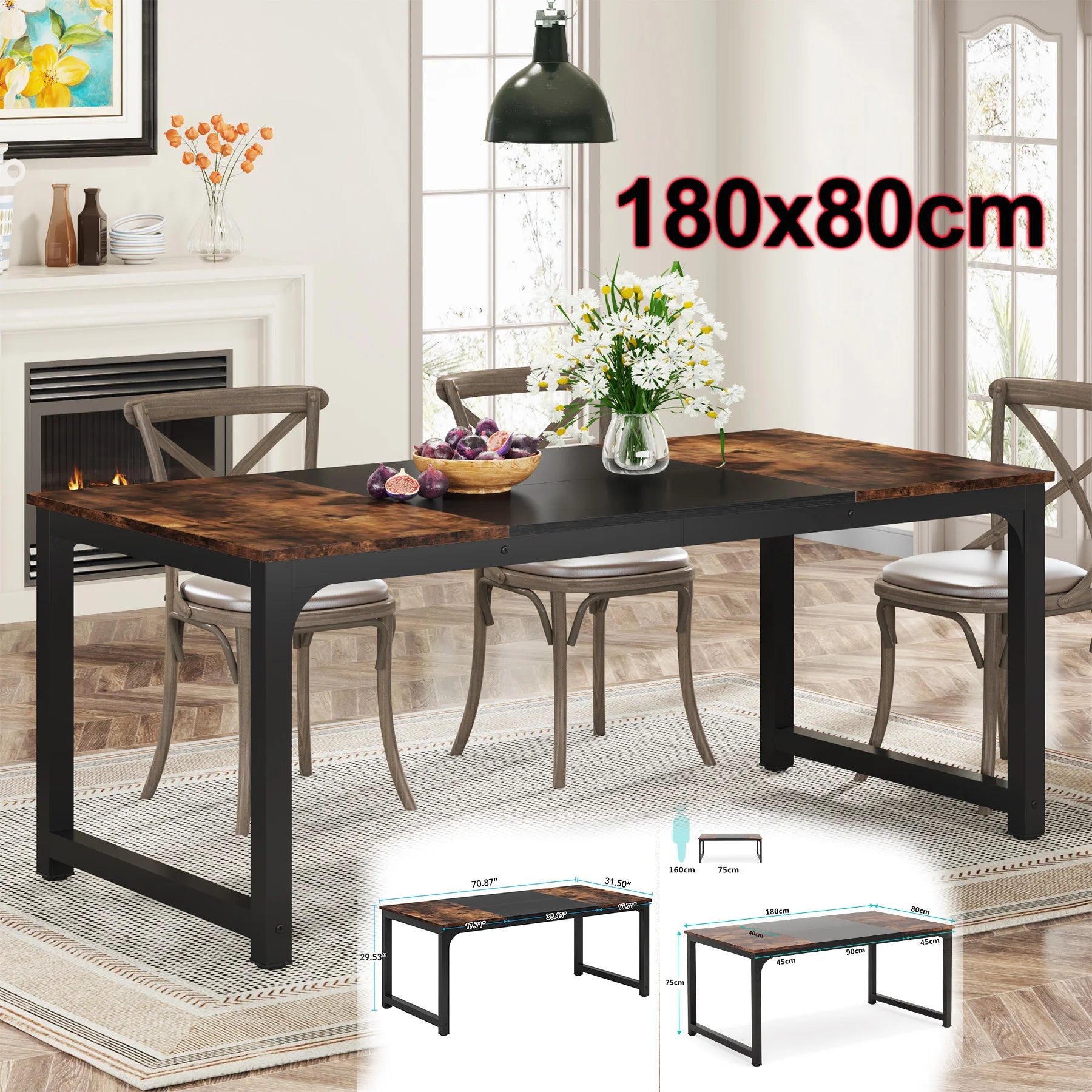 Tribesigns 63’’x31.5’’ dining table industrial kitchen for 6-8 person rectangular dinner room - rustic brown 02