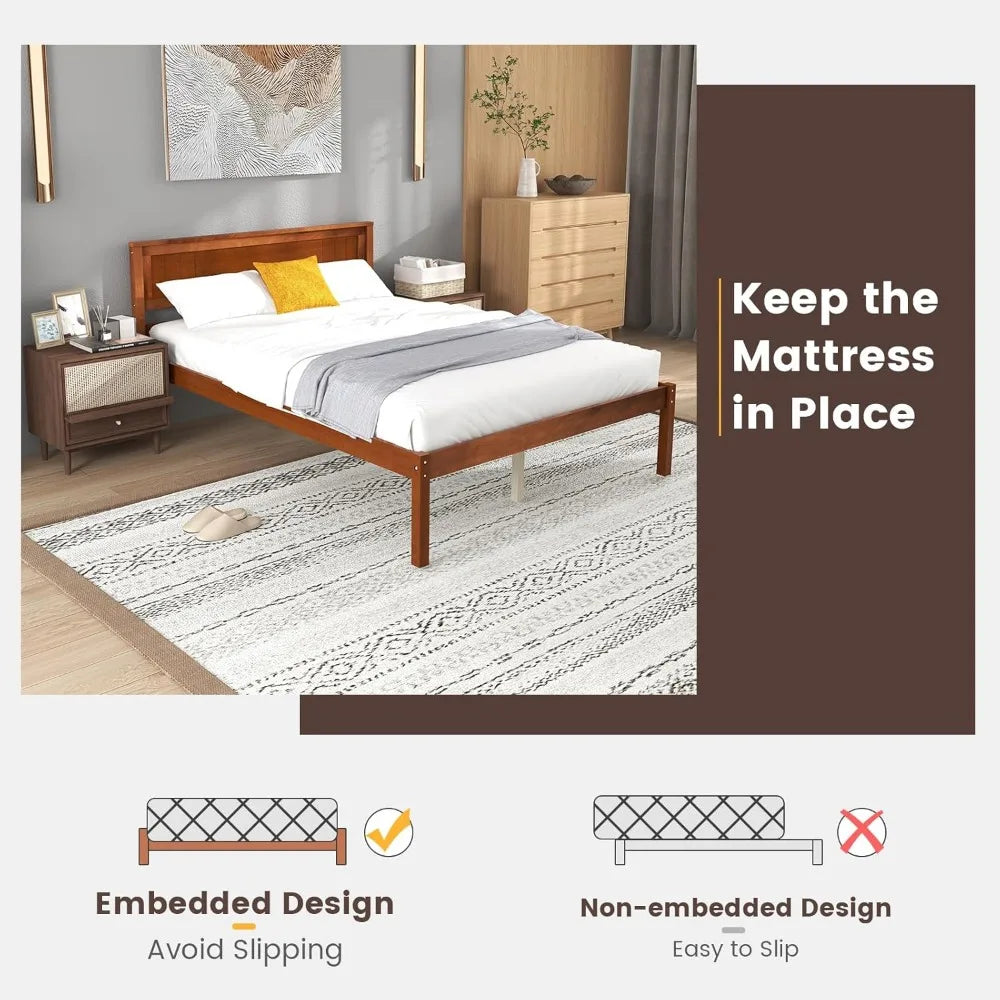 Komfott full size wood platform bed frame with headboard solid slat support 7-leg under stora - united states / walnut