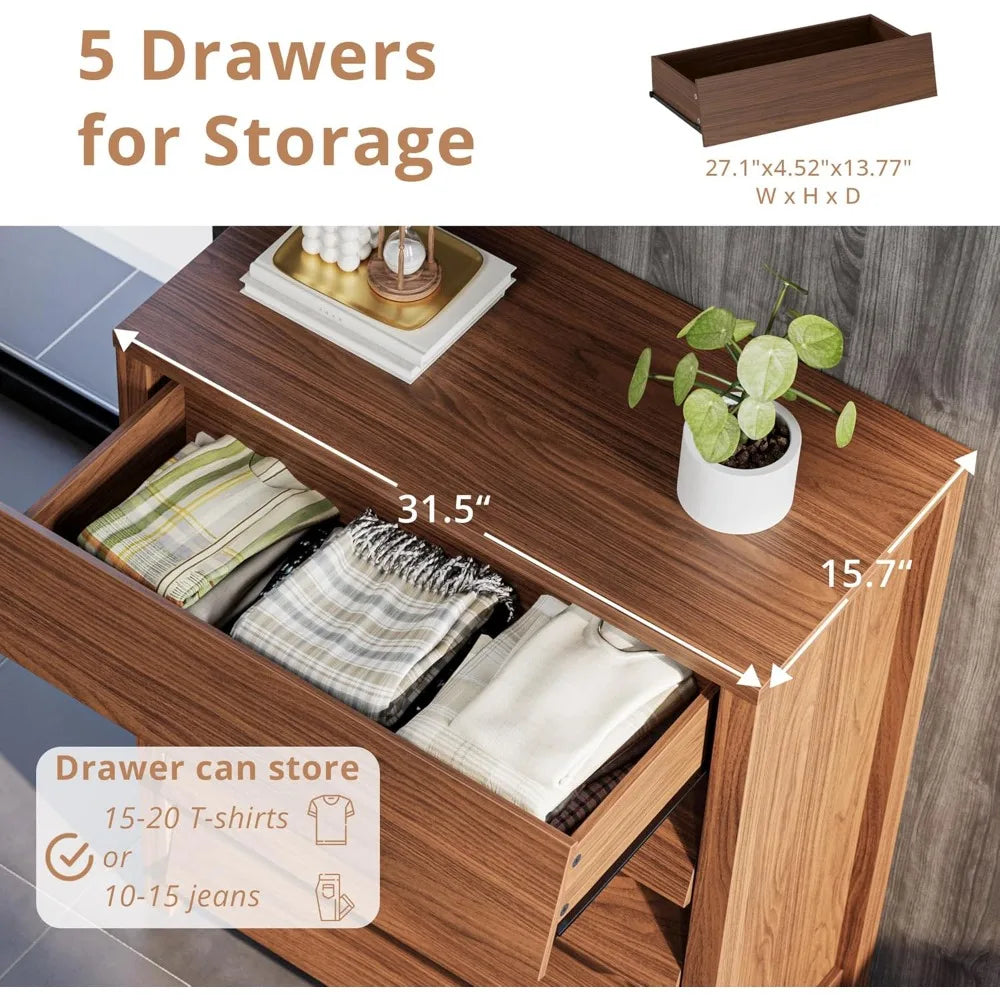 5 drawer dresser for bedroom modern chest of drawers with handleless design wooden tall storage cabinet - walnut