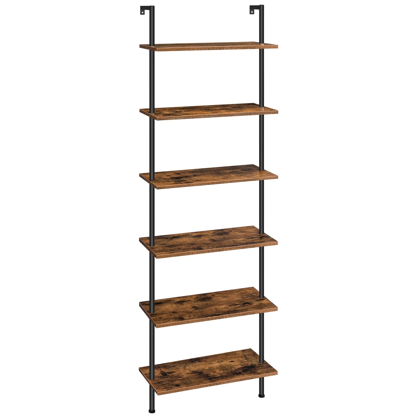 Diy ladder shelf 6-tier wall mounted bookshelf office vertical bookcase wooden storage shelves for home - rustic brown