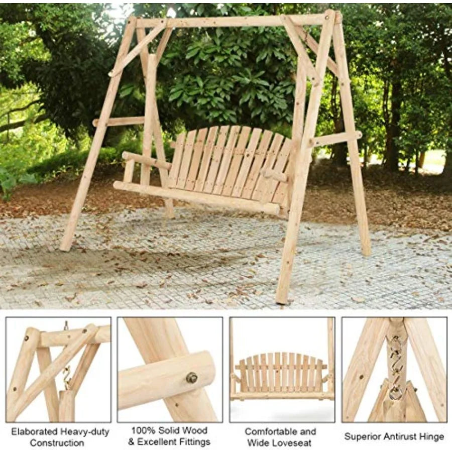 Porch swing outdoor wooden aframe for 2 person rustic hardwood chair patio garden yard 6.5’ bench adult senior toddler