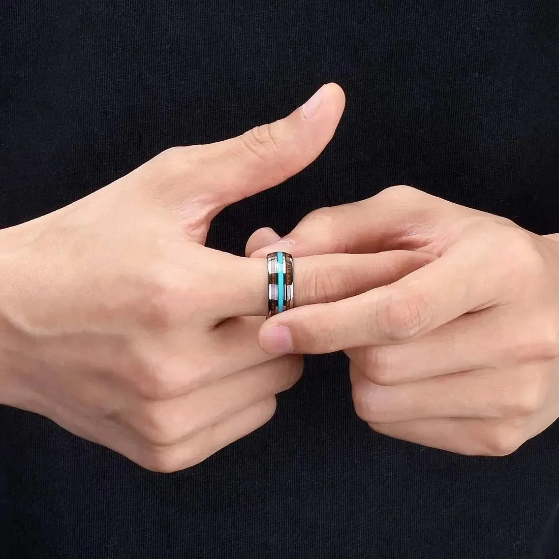 Fashion 8mm men stainless steel koa wood rings inlay blue turquoise stone for wedding engagement band jewelry gift
