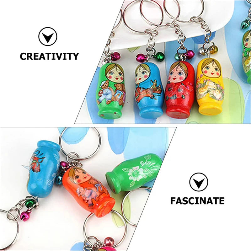 48pcs wood nesting doll keychain pendant ornament matryoshka russian stacking ornaments keyring for handbag purse - mix