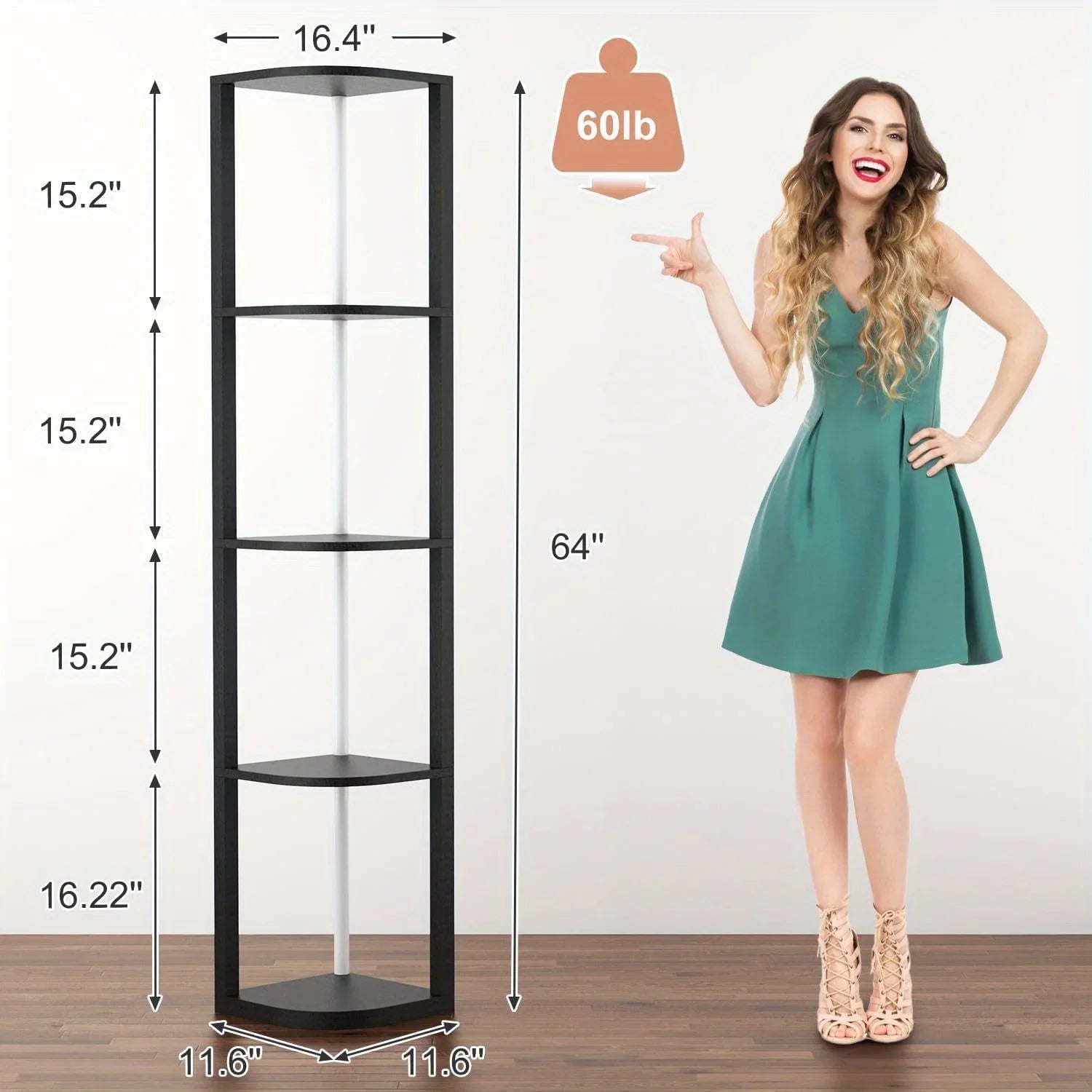 Corner shelf bookshelf with rgb led lights 5-tier organizer 64’’ cabinet wood display - black / united states