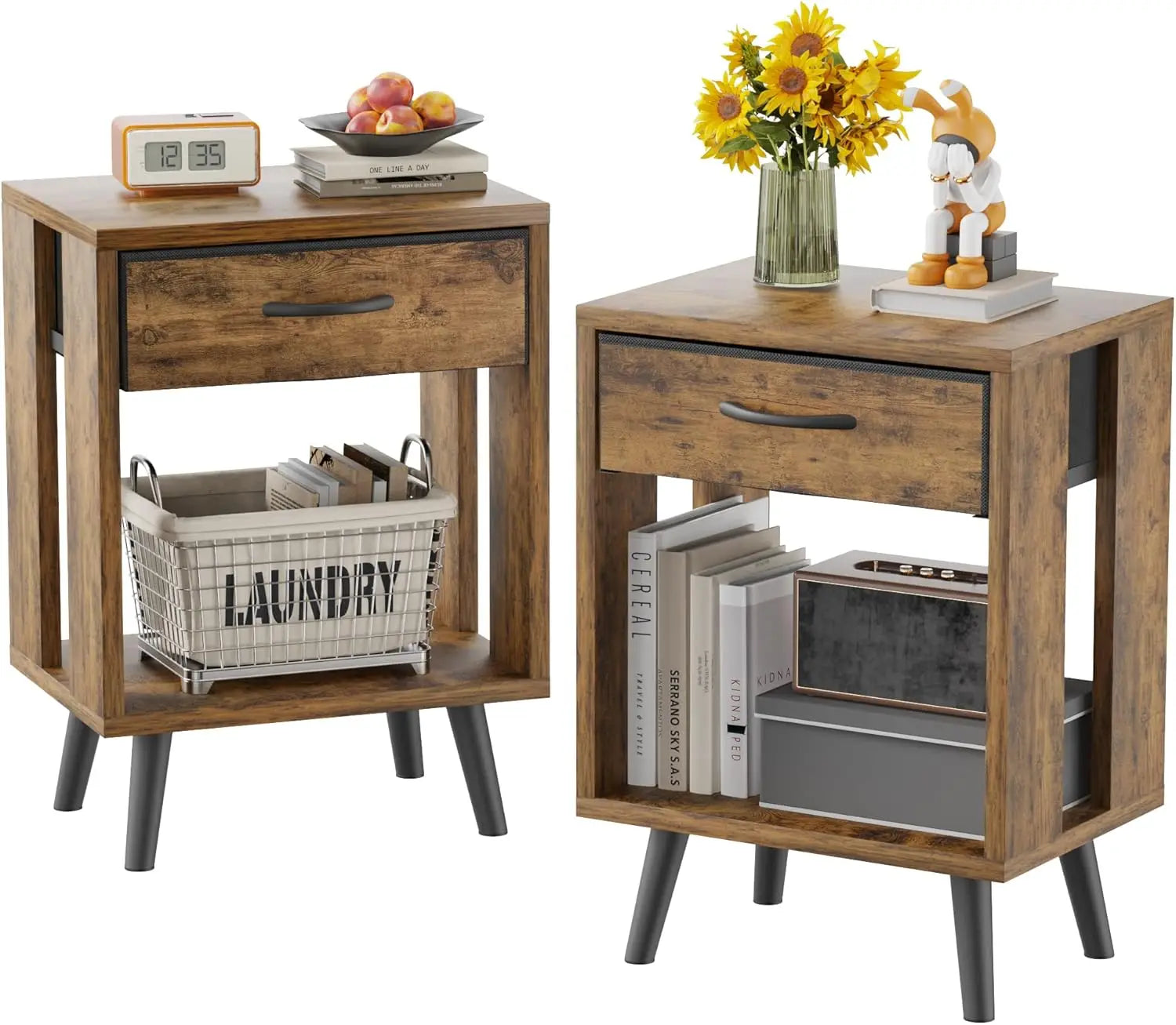 Set of 2 with fabric storage drawer and open wood shelf,side table for bedroom,night stand bedroom - rustic brown