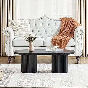 Fluted oval coffee table for living room boho modern with legs curved round wood center home s - united states / black