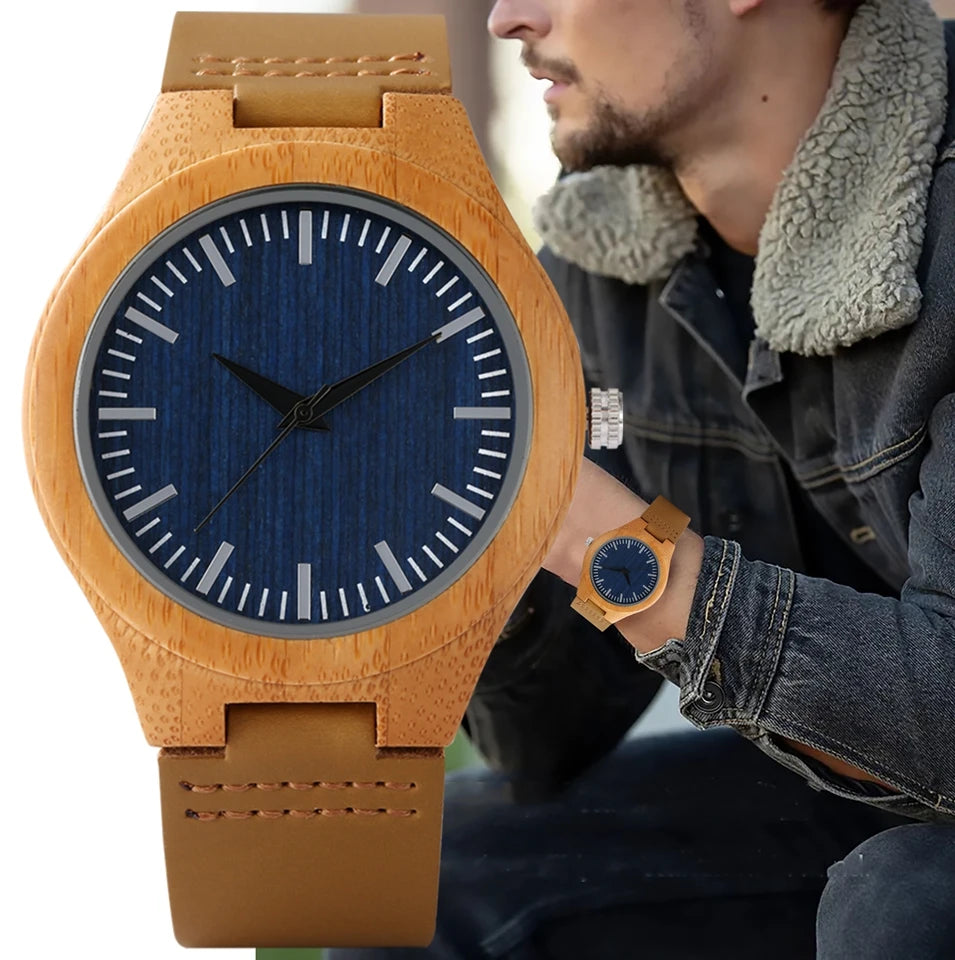 Men’s watches fashion blue dial simple leather band quartz wristwatch bamboo wooden watch male present a gift for men