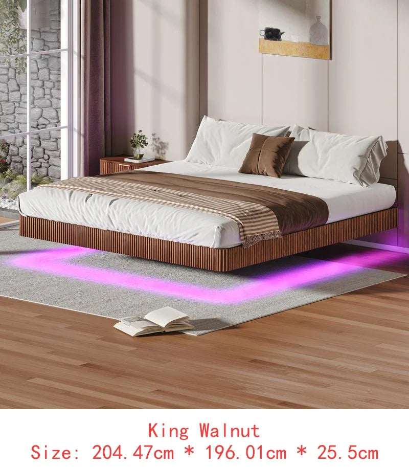 Walnut floating bed frame with led lights wave curve wood texture heavy duty metal slats no box spring required stylish