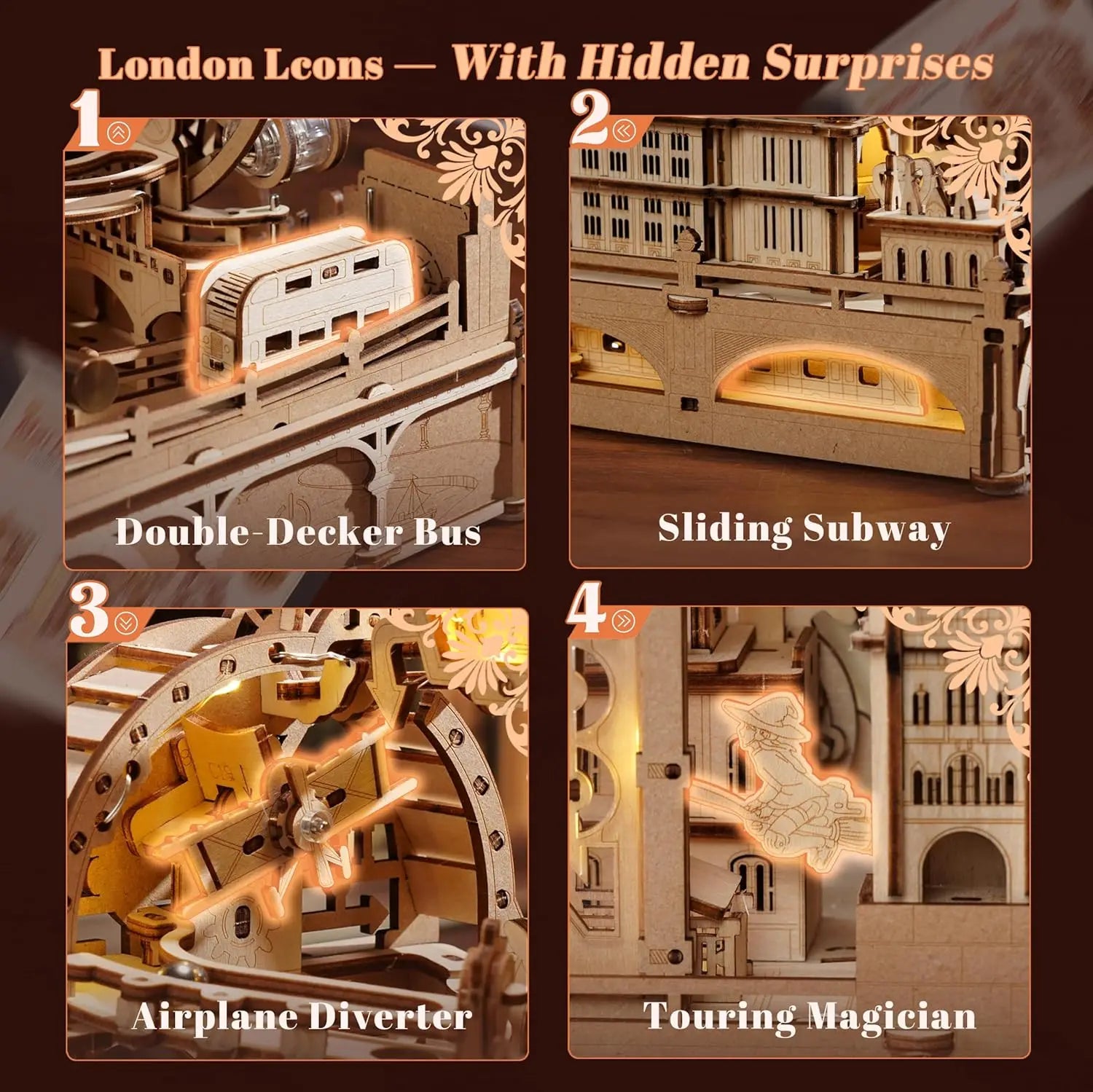 Robotime rokr 3d wooden puzzles london city miniature marble run building toys diy pinball machine model kits gear ball