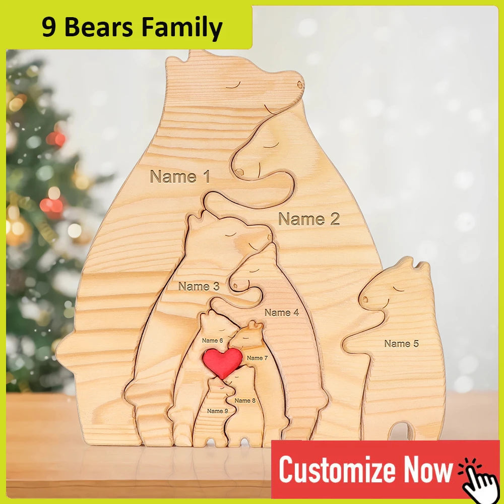 Personalized custom bear family wooden puzzle diy free engraving name sculpture home deskdecor figurines christmas