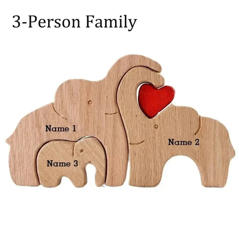 Personalized elephant family wooden puzzle love animal wood custom name sculpture free engraving decor gifts - 3pcs
