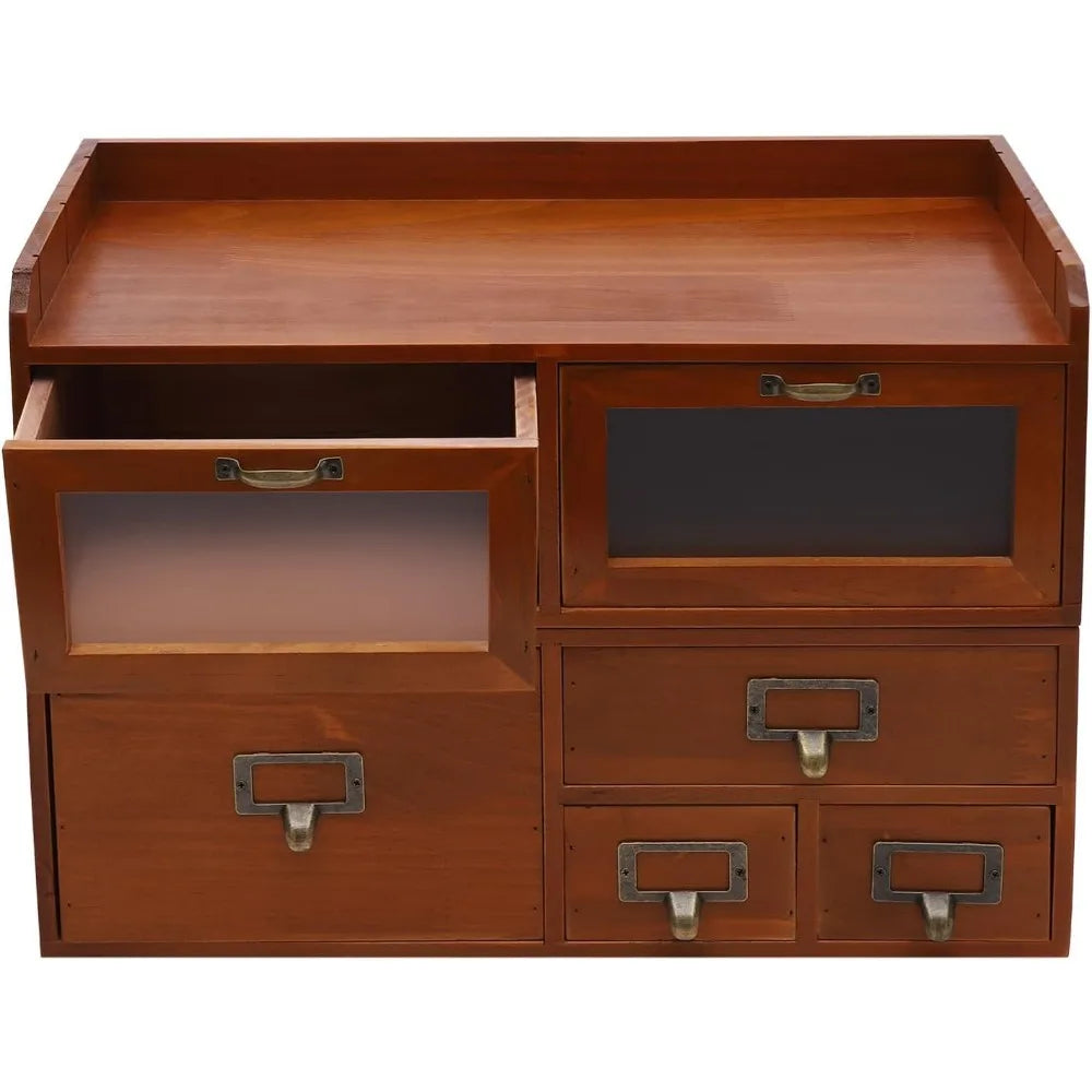 Desktop organizer with 6 drawers vintage desk storage acrylic door wood supplies for living room office - united states