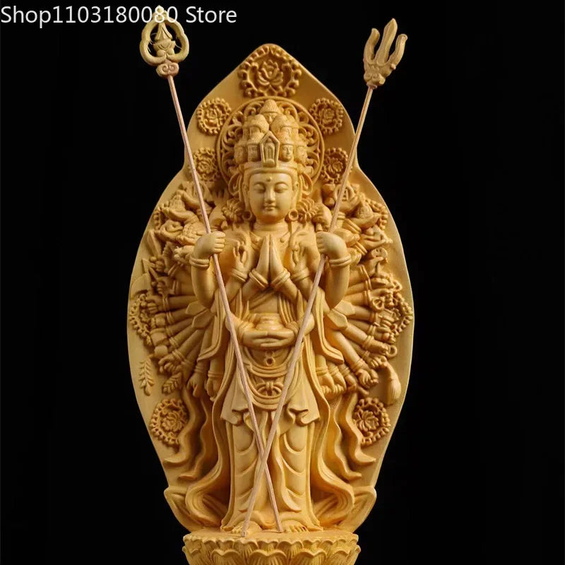 20cm boxwood carving heart sutra thousand-hand kwan-yin guanyin buddha statue large size wooden - h20cm - religious