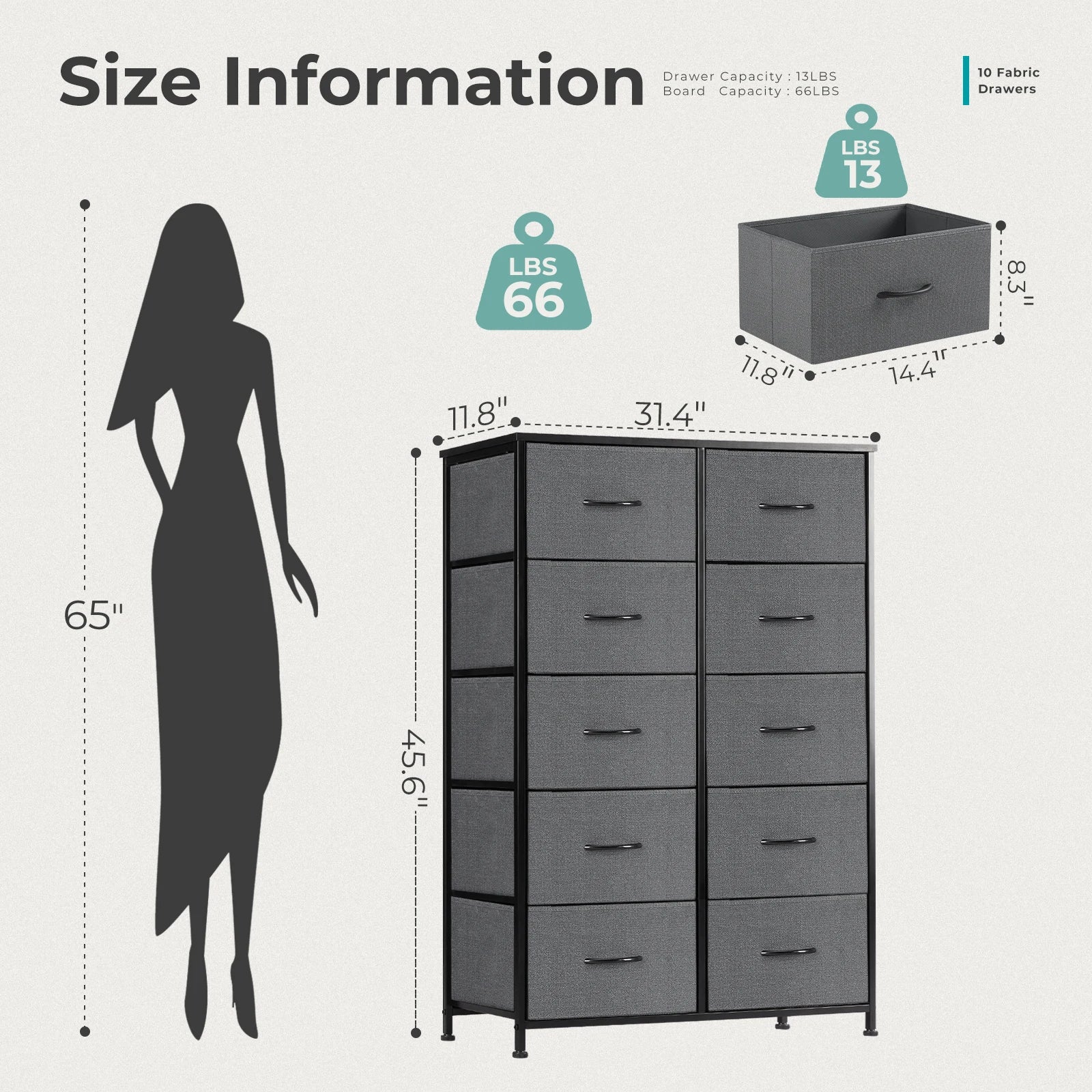 Jhk bedside table for bedroom with 10 fabric drawers nightstand storage cabinet steel frame clothes display