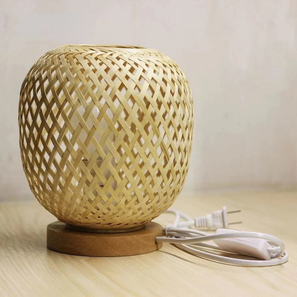 Led table lamp wood bamboo light dimmable rattan lampshade plug bedroom bedside night home decor - uk / 22cm