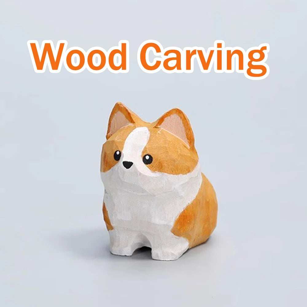 Cute small wooden dog figurine handmade carving corgi figurines home decor perfect gift for cat lovers desk decoration