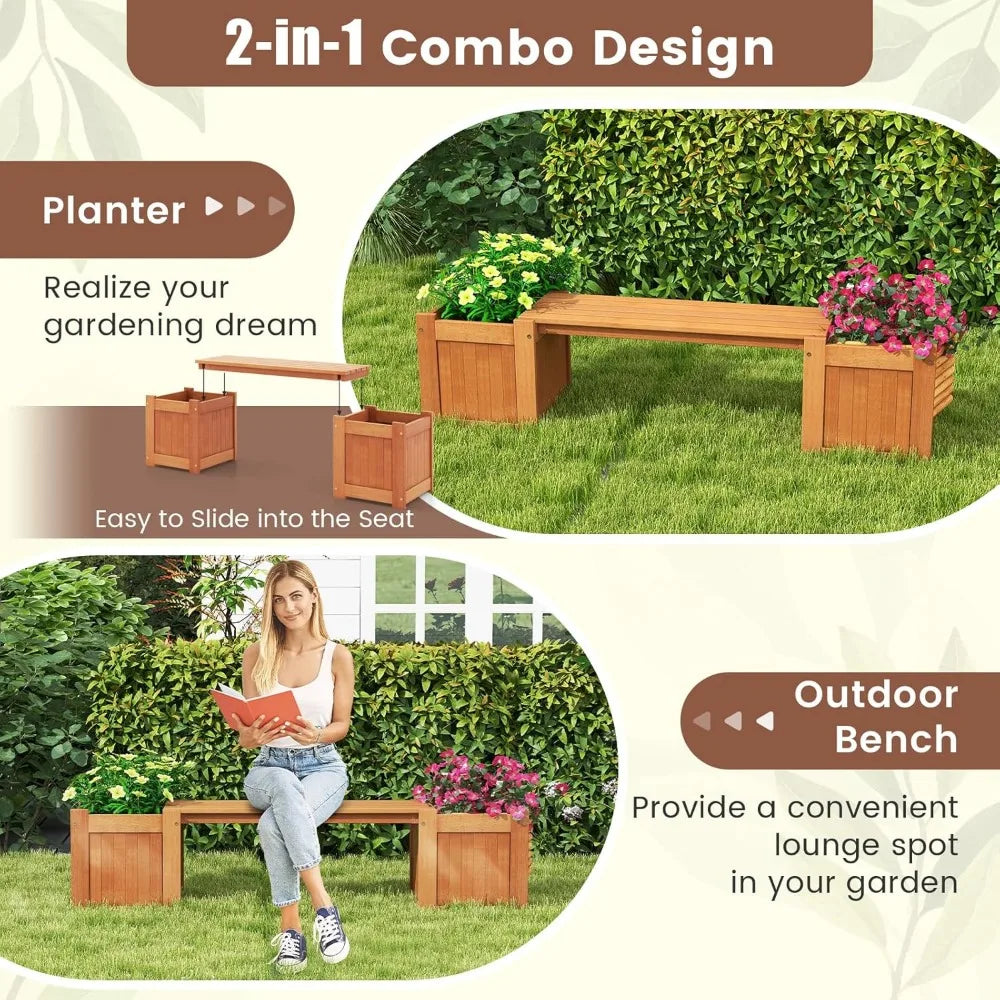 3-in-1 outdoor bench with large raised beds & 2 planter boxes wood garden bed open base weather-resistant deep pl
