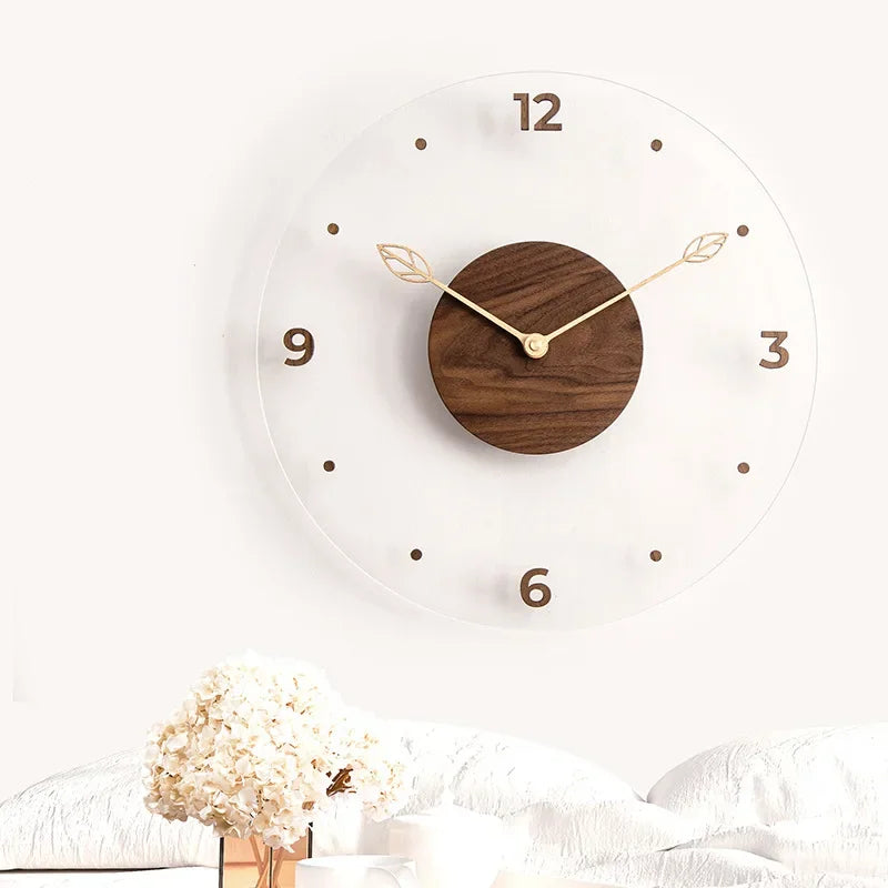 Simple nordic black walnut wooden wall clock creative solid acrylic glass home living room decorative