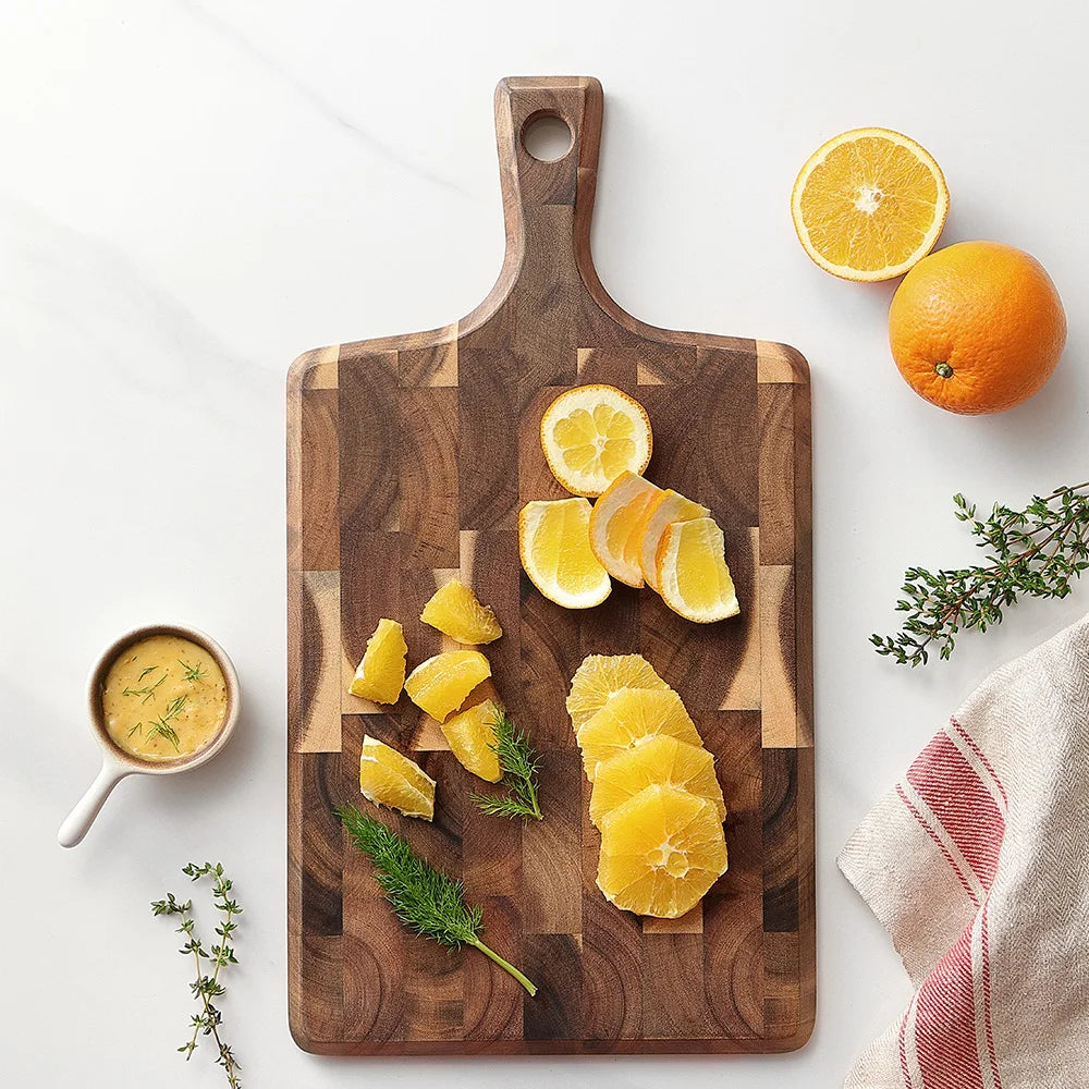 Hezhen cutting board acacia wood kitchen double-sided use hangable dark square racket shape chopping - 41x22x1.9cm
