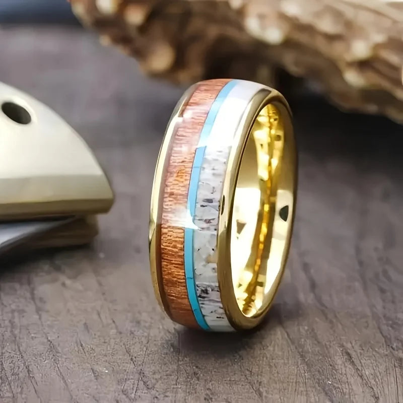 Deer antler ring stainless steel wedding band koa wood men turquoise mens jewelry