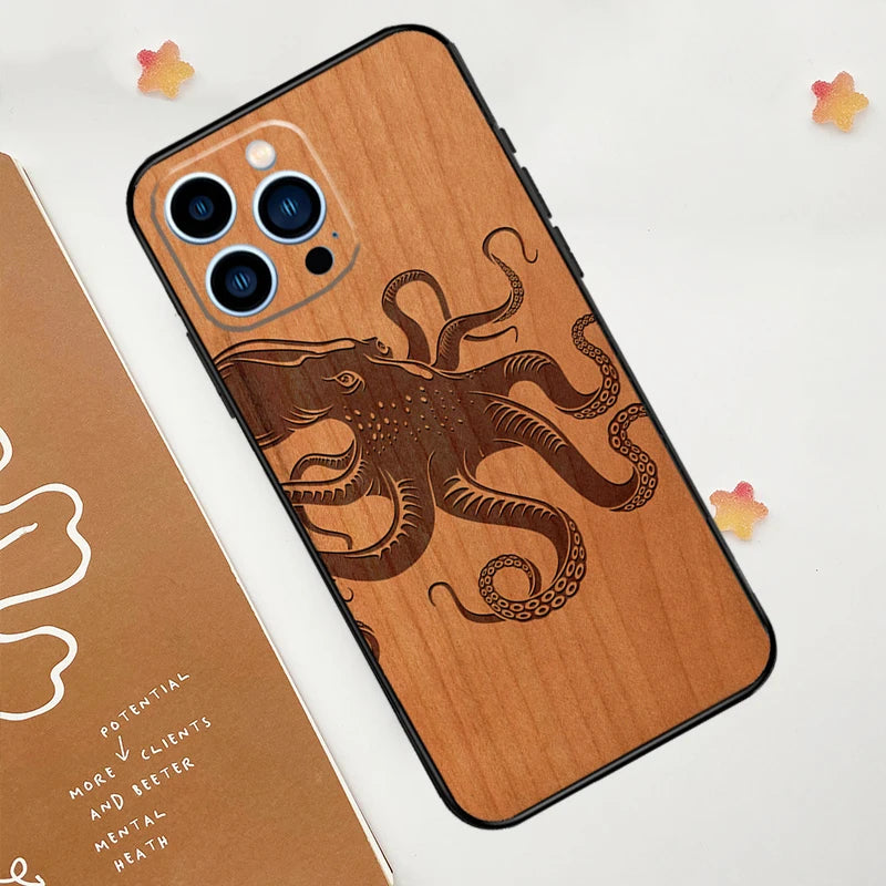 Turtle elephant dragon wood phone case for iphone 15 16 14 13 12 11 pro max mini plus xs x xr back cover - 9272 / 16pro