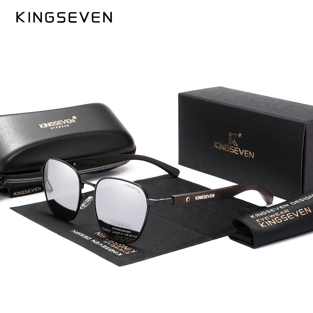 Kingseven quality upgrade ebony wood sunglasses men polarized uv400 protection retro eyewear women oculos - silver