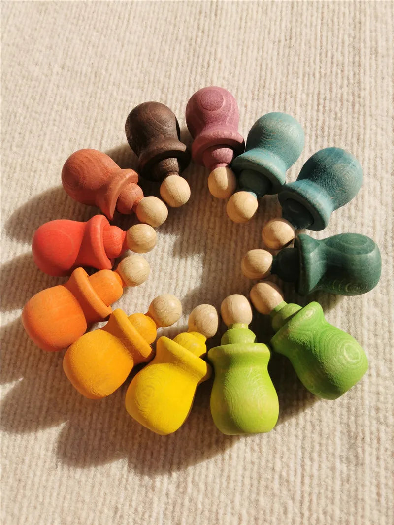 Rainbow wood peg dolls with cups handmade stain stacking people in bowls for kids open-ended play - game