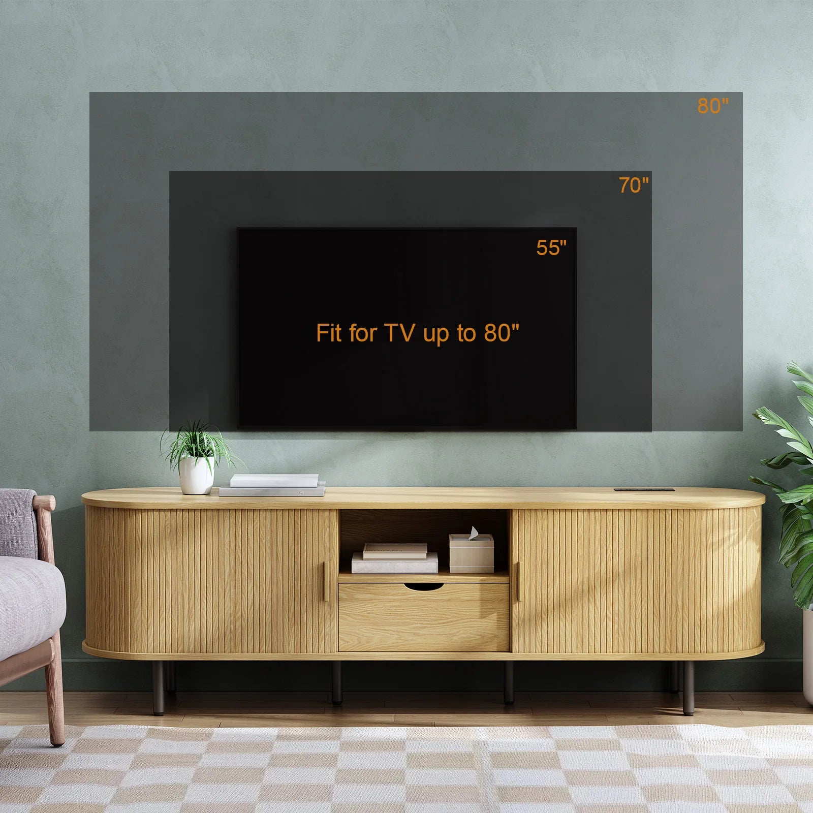 69’’ tv stand w/ power outlet for tvs up to 80’’,entertainment center storage & drawer,tv console adjustable shelves