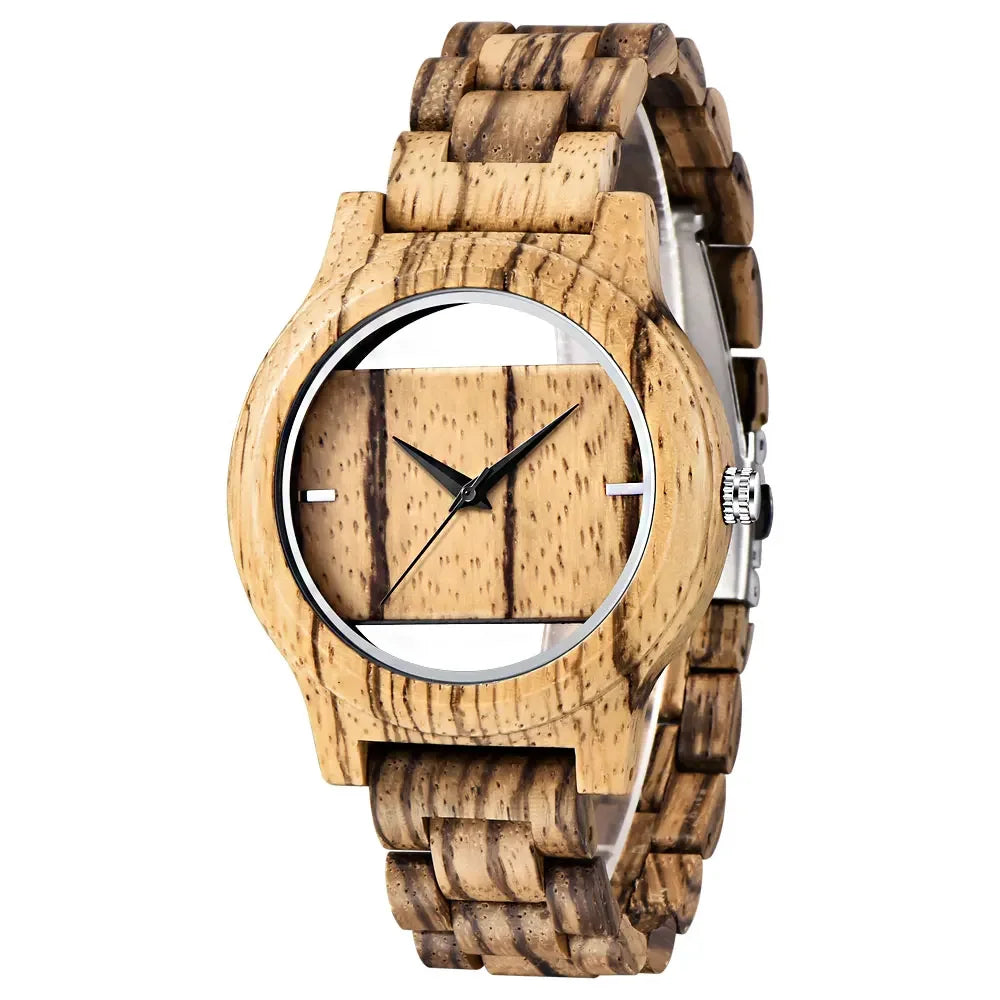 Men women natural wood watch unique hollow dial with full wooden bamboo bangle quartz wristwatch novel handmade clock