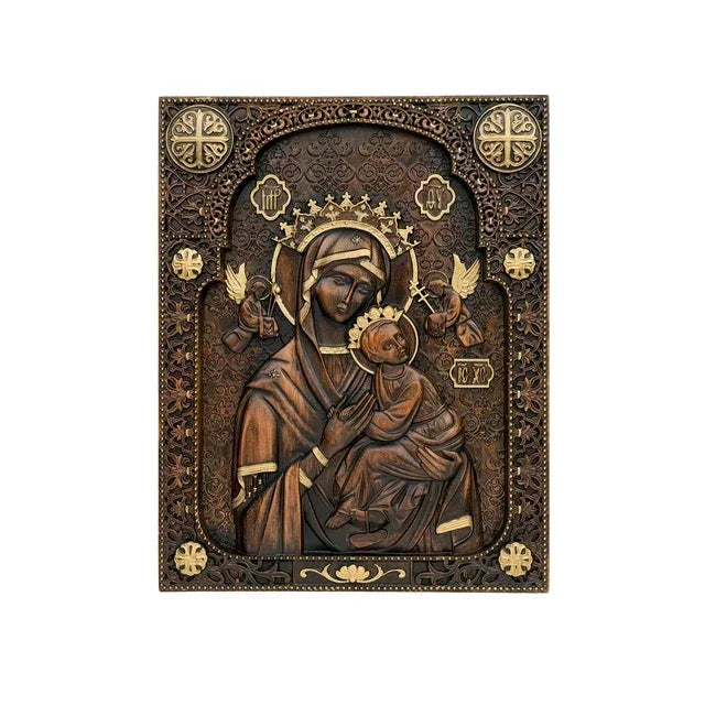 Vintage wood carved catholic religious art our lady statue of perpetual help wall home living decor - gold / 35cm