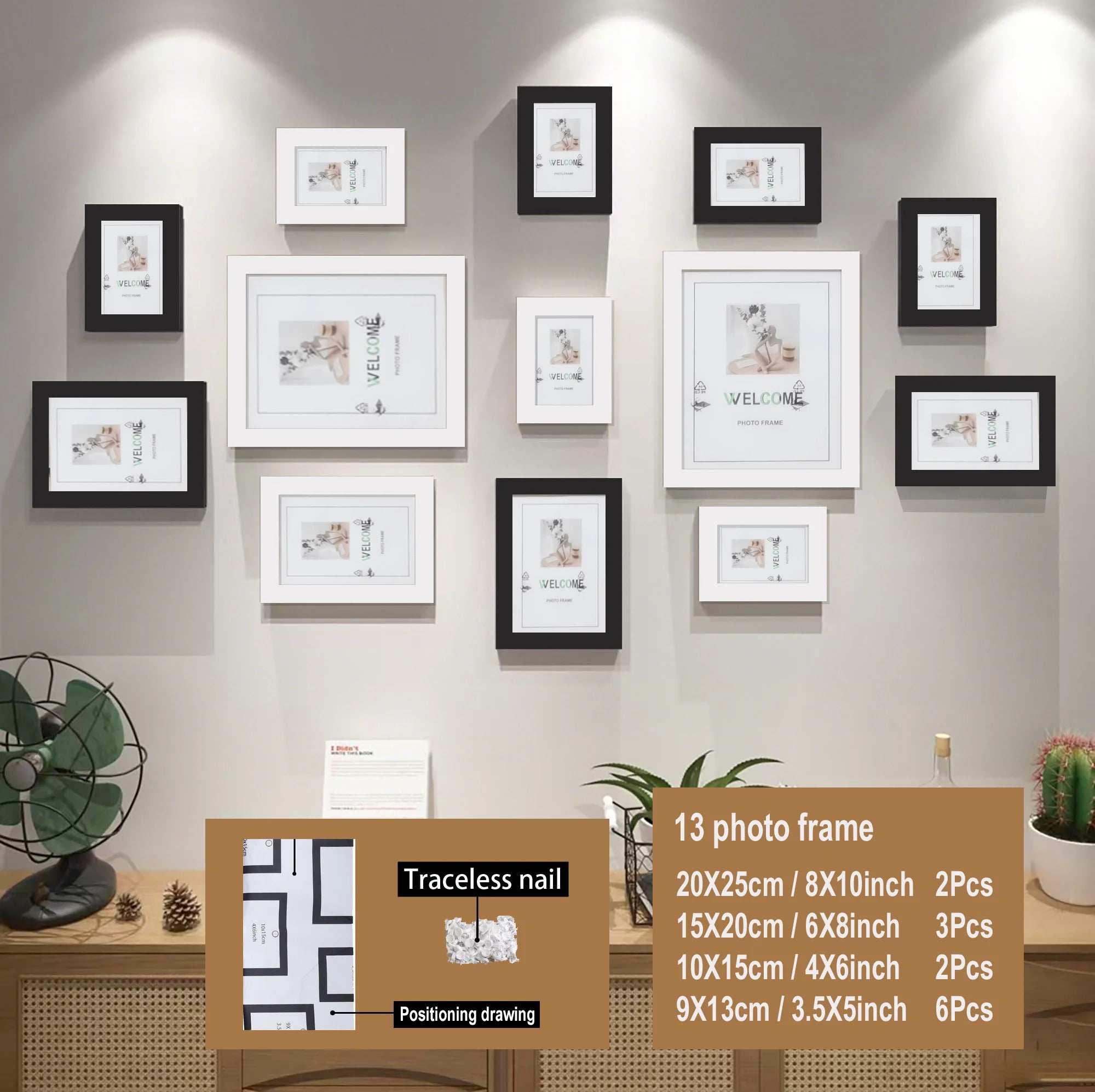 13pcs wood picture frame set for wall home office decor festive commemorative gifts - variety of sizes photos - black