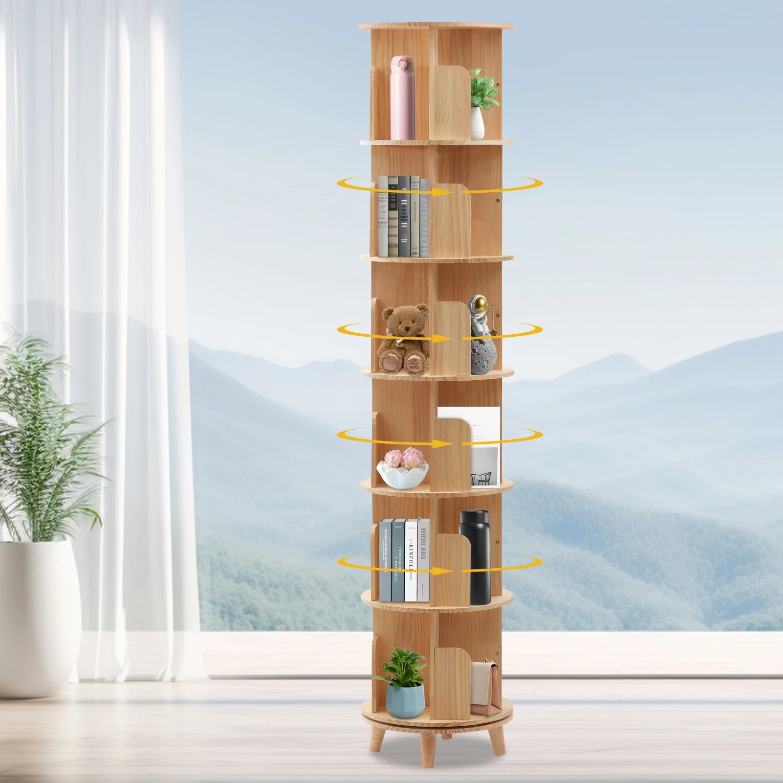 Rotating bookshelf 6 tiers pine wood 110lbs load per layer 0.47in thick panels curved baffle reinforced chassis
