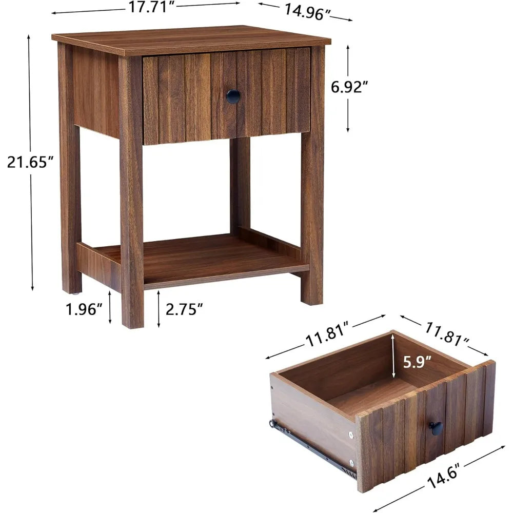 Wood nightstand 21.65’’ h bedside table with wide fluted finish modern night stands drawer mid century end