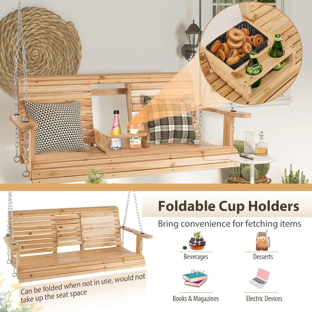 Porch swing with stand wood hanging patio 2 cupholder & heavy-duty a-shaped metal frame 2-person outdoor for - united